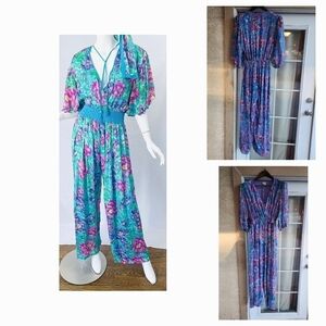 1980s Diane Freis Silk Flower Print Tassle Vintage Jumpsuit + Sash